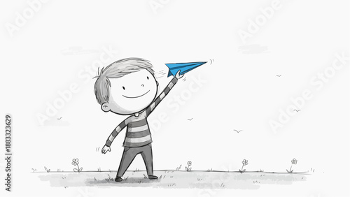 A cheerful young boy launches a paper airplane into the sky. He is standing in a field with flowers, and the atmosphere is filled with joy and freedom