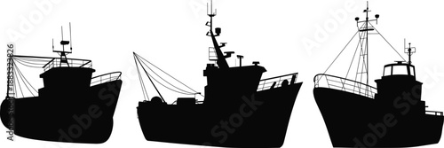 Fishing boat silhouettes, commercial trawlers set, maritime vessels collection, nautical industrial ships, ocean fishing fleet, black vector illustration, isolated design