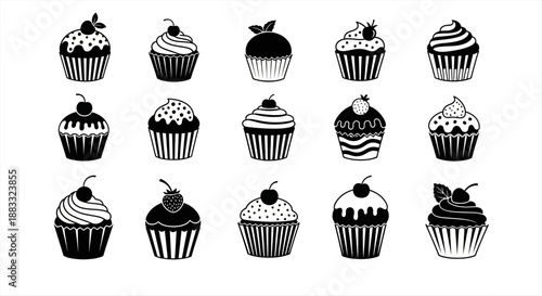 Collection of different black and white cupcakes with assorted toppings