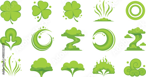 Green magic nature effects vector icon set with clovers leaves swirls energy clouds and fantasy elements
