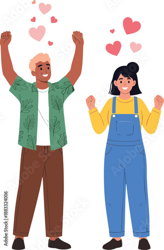 Happy diverse people celebrating together vector illustration with hearts friendship positivity love support and joyful community