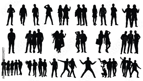 Collection of various black human silhouettes in different poses and interactions isolated on white background