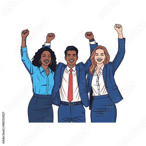 Three diverse business professionals celebrating success with raised fists and smiles.