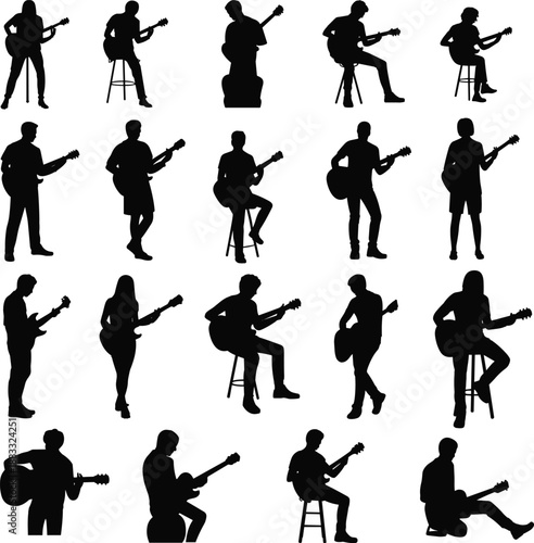 Guitarist silhouettes collection, acoustic and electric players, music performance poses, band practice set, black vector illustration, isolated design, studio art