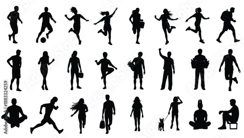 Collection of black human silhouettes in various actions and poses isolated on white background