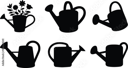 Garden watering can silhouettes, plant care tools, gardening equipment set, flower watering, black vector illustration, home garden design, isolated collection
