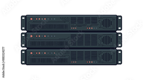 Three black rackmount servers stacked, showcasing data center hardware and technology.