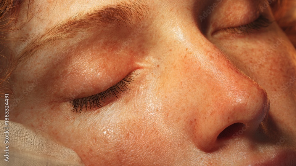 Obraz premium A woman with red hair and freckles is sleeping. Concept of relaxation and peacefulness