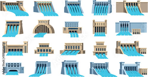 Hydroelectric Dam and Water Reservoir Collection with Different Architecture Styles Flat Vector Illustration Set