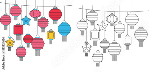 Hanging Chinese paper lanterns, colorful and outline vector illustration for coloring book page and festival decoration