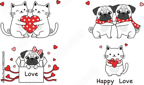 Cute love animals vector illustration set with cats and dogs hugging hearts in romantic kawaii cartoon style