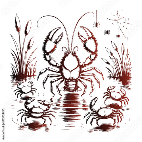 Large crayfish and crabs in water with cattails and spiders overhead lobster crustacean