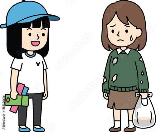 Kind child helping poor woman vector illustration showing charity compassion kindness and social support concept