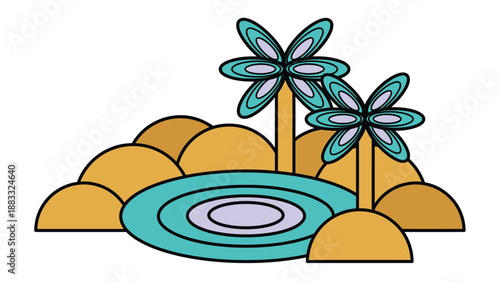 Tropical beach scene with palm trees, sand dunes, and a serene water feature.