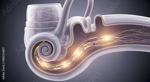 Vivid anatomical visualization of the inner ear showing a transparent cochlea with glowing yellow neural activity representing sound impulse transmission within the complex hearing mechanism.