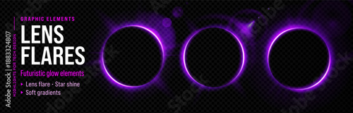 Flare halo aura purple light fantasy neon 3d space and eclipse. Circular bright orb with electric energy glow for a dark abstract background or portal. Shine and sphere through round ring.