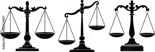 Justice scale silhouettes, legal balance, law symbol set, courtroom equality, fairness, judiciary icons, black vector illustration, classic design, isolated collection