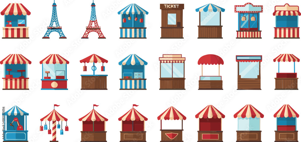 Fototapeta premium Market Stalls and Fair Booths Collection with Circus Kiosks and Street Shops Flat Vector Illustration Set