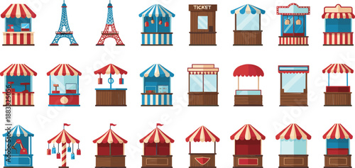 Market Stalls and Fair Booths Collection with Circus Kiosks and Street Shops Flat Vector Illustration Set