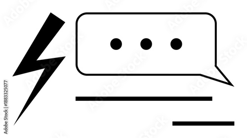 Communication, technology, energy, information sharing, messaging, speed. Black lightning bolt, speech bubble with ellipsis and lines. Communication and technology concept