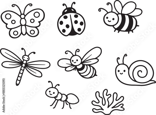Cute garden insect doodles including butterfly, ladybug, bee, snail and ant characters
