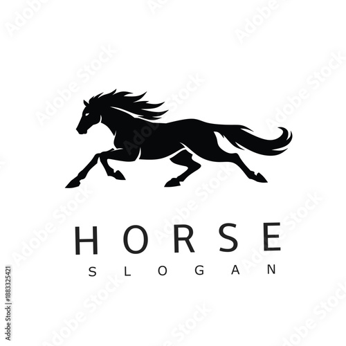 Running horse silhouette logo in modern minimalist style for branding, ranch, sports and equestrian identity designs. Dynamic, fast and strong vector graphic