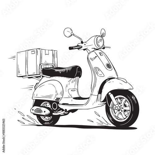 Black and white scooter with delivery box riding on road transportation vehicle