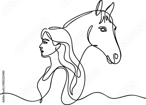 Continuous Line Woman and Horse Portrait, Minimalist Equestrian Connection Art, One-Line Feminine Grace and Stallion Graphic, Monoline Profile of Equine Companionship, vector, illustration, silhouette