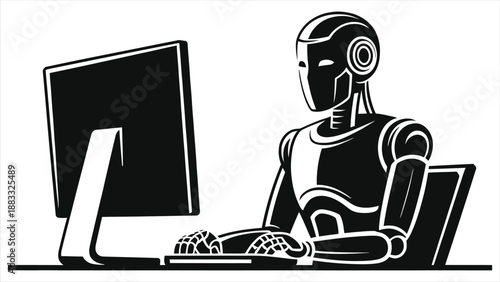 Monochrome Black Silhouette AI Humanoid Robot Working on Desktop Computer, Minimalist Vector Illustration. Futuristic Artificial Intelligence Assistant Bot Doing Office PC Work, Automated Digital Work