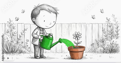 A charming drawing of a young boy watering a flower in the garden