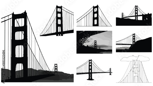 Golden Gate Bridge Various Silhouettes and Illustrations San Francisco isolated on white background