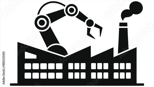 Robotic Arm Smart Factory Silhouette Vector. Industry 4.0, Industrial Automation, AI, Modern Manufacturing Technology Concept. Future Production, Digital Transformation Icon.