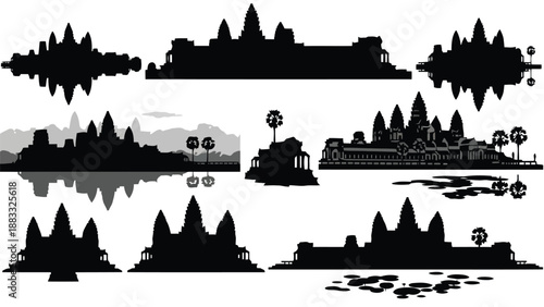 Collection of black Angkor Wat temple silhouettes with palm trees and water reflections in flat design isolated on white background