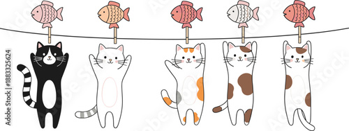 Cute cats hanging with fish toys vector illustration set featuring playful cartoon kittens in adorable kawaii style