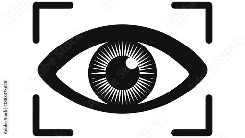 AI Iris Scanning Eye Interface Vector Glyph Icon | Artificial Intelligence Biometric Retina Scan, Black Flat Minimal Security Recognition Technology Symbol on Isolated White Background