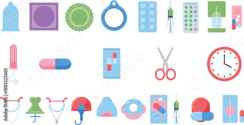 Medical and Healthcare Icons Collection with Pills Syringe Condom Scissors Clock Flat Vector Illustration Set