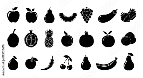 Collection of Silhouettes of Various Fruits and Vegetables on a White Background