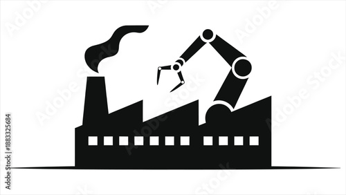 Smart factory silhouette with robotic arm and smokestack. Vector icon representing Industry 4.0, artificial intelligence, and industrial automation technology for modern manufacturing business concept