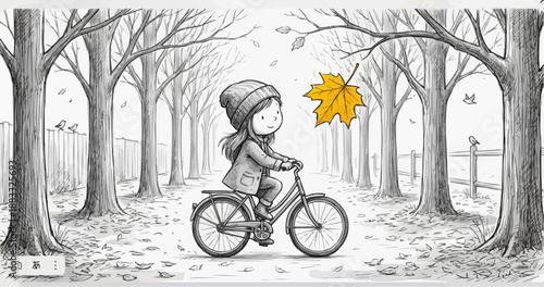 A drawing of a young girl happily riding a bicycle on a park path in autumn