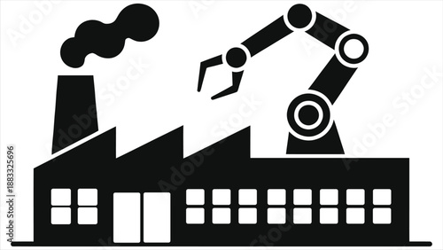 AI Powered Smart Factory Vector. Industrial Robotic Arm and Production Building Silhouette Icon for Automation, Industry 4.0 & Modern Manufacturing Technology.