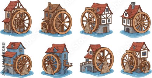 Medieval watermill building vector illustration set with wooden water wheels rustic houses and village architecture