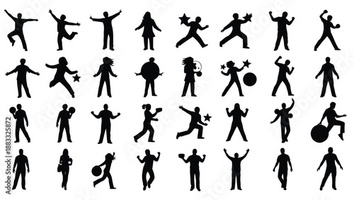 Collection of black human silhouettes in various dynamic poses and actions isolated on white background
