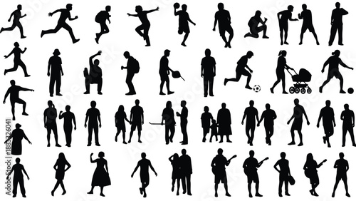 Collection of human silhouettes in various poses and activities isolated on white background