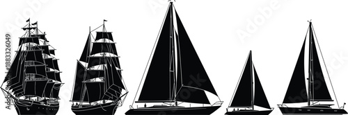 Sailing ship silhouettes, yacht and sailboat collection, maritime transportation, ocean travel concept, black vector illustration, isolated white background design