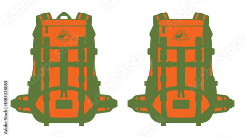 Two orange and green backpacks side by side, ready for outdoor adventures and travel.