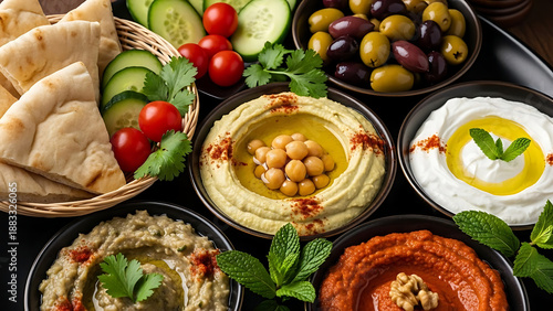 Hummus with chickpeas and olive oil flat lay