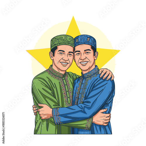 Two Muslim Men Embracing Each Other with Genuine Smiles and Happiness.