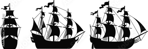 Sailing ship silhouettes, vintage pirate galleons, nautical maritime transport, classic tall ships, ocean voyage illustration, black vector design collection set