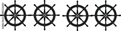 Ship wheel silhouettes set, nautical steering helm, maritime navigation symbol, ocean sailing icon, black vector illustration, marine design, isolated collection