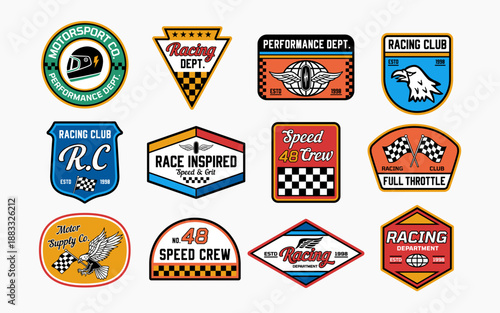 Racing badge vector set with motorsport logos, speed crew emblems, checkered flags, helmets, wings, and retro typography. Perfect for apparel, stickers, branding, and prints.